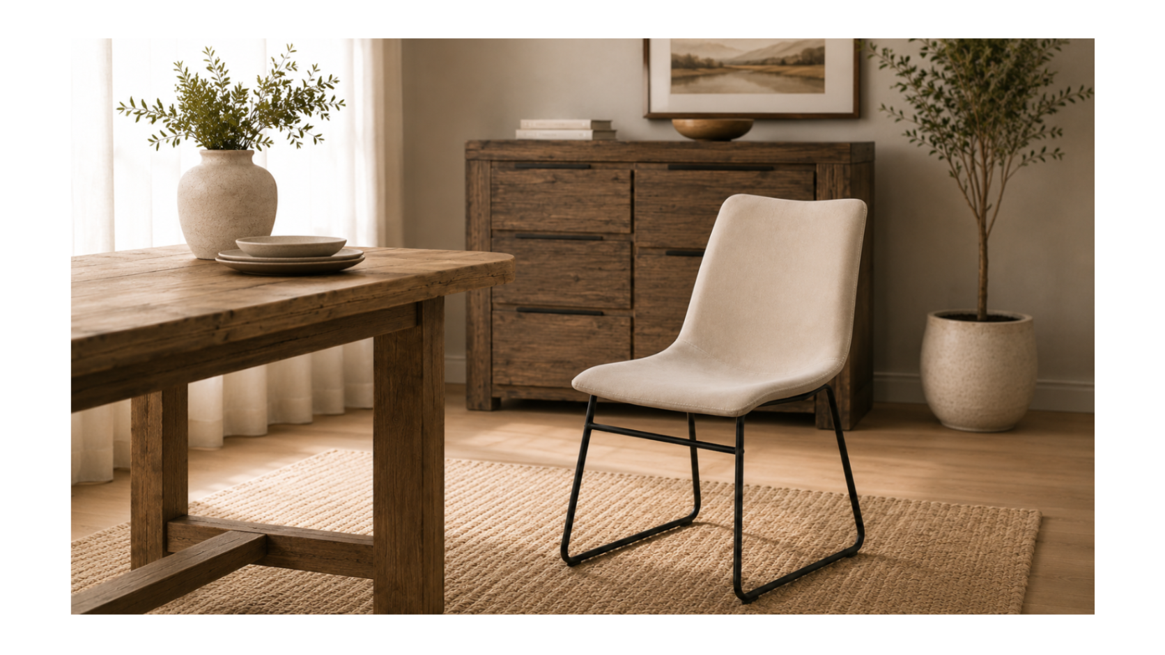 Oxford Beige Linen Fabric Chair With Cream Stitching